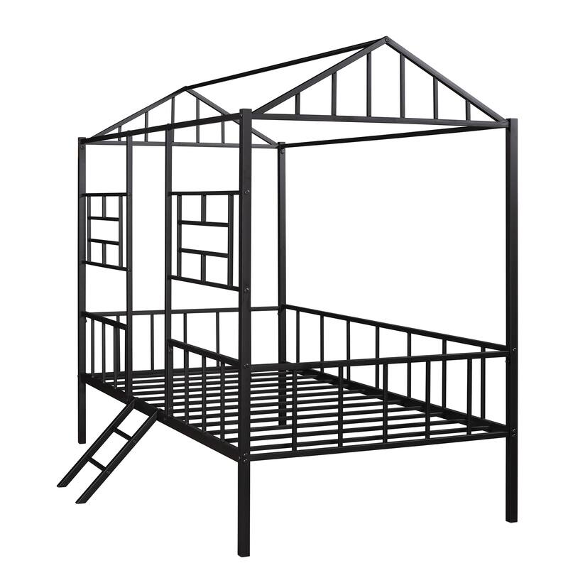 Metal House Bed Frame for Kids with Treehouse Design and Storage Space