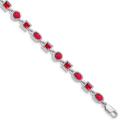 Curata 925 Sterling Silver Textured Polished Ruby Bracelet 7 Inch Lobster Claw