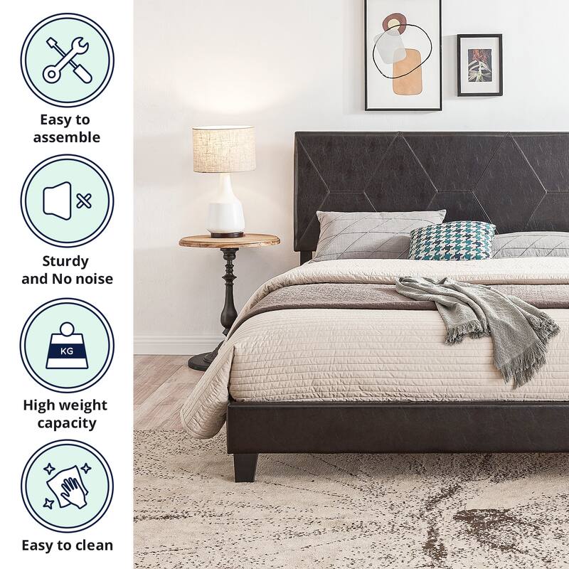 Black Pu Queen Size Upholstered Platform Bed with Wood Slat Support
