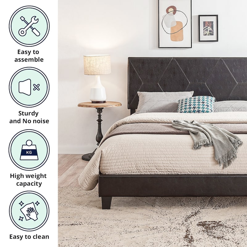 Queen Size Upholstered Platform Bed, Heavy Duty Metal Platform Bed Frame with Wood Slat Support