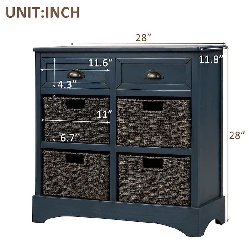 Rustic Storage Cabinet with Two Drawers and Four Classic Rattan Basket for Dining Room/Entryway/Living Room