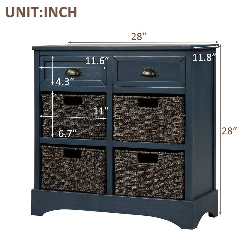 Blue Rustic Storage Cabinet with Drawers and Rattan Baskets - 11.80 x 28.00 x 28.00