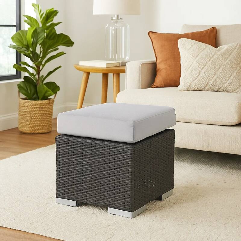 Outdoor Ottoman, 16 Inch Square Gray Woven Frame with Plush Cushion