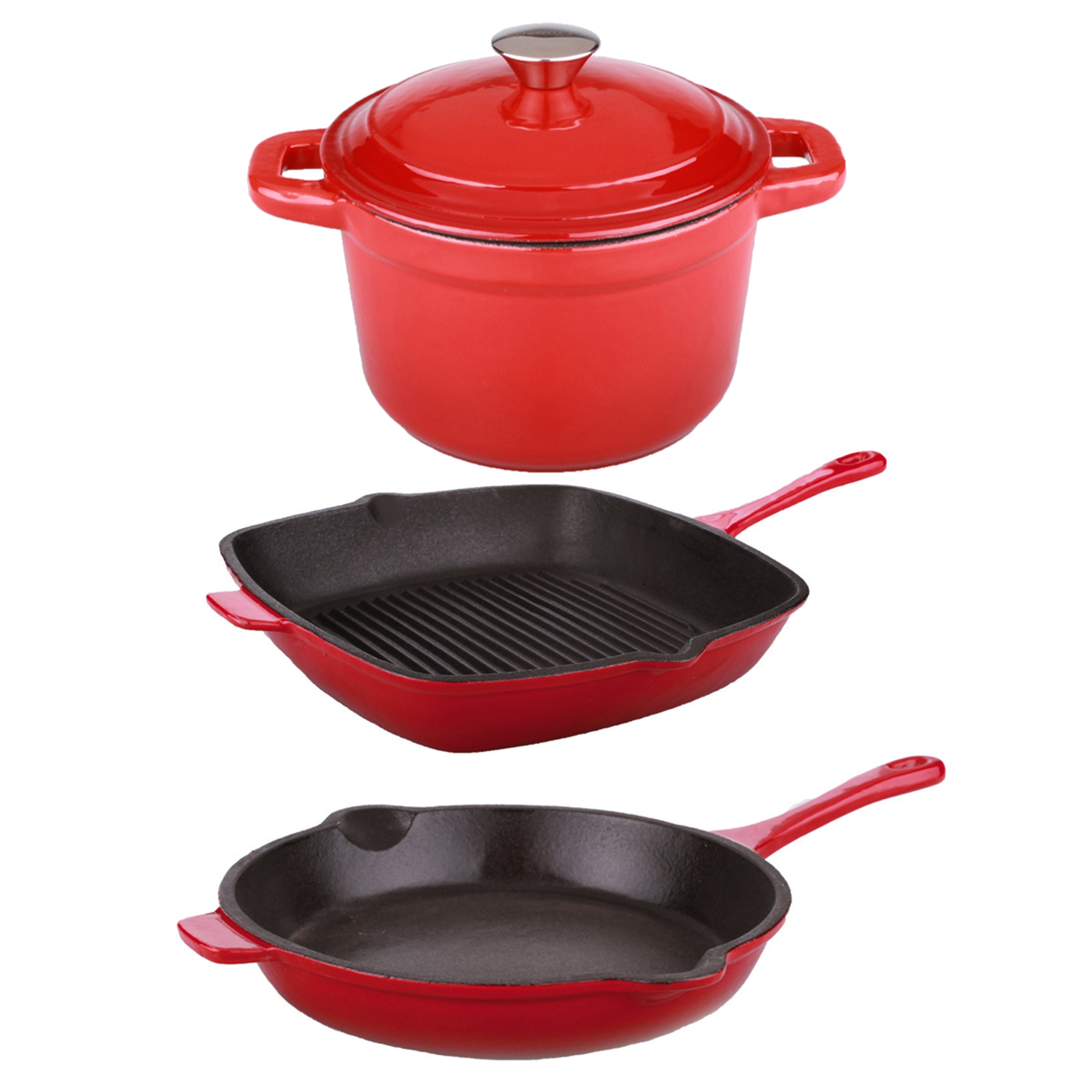 Neo Cast Iron Grill Pan, Fry Pan and 3 Quart Dutch Oven, Set of 3