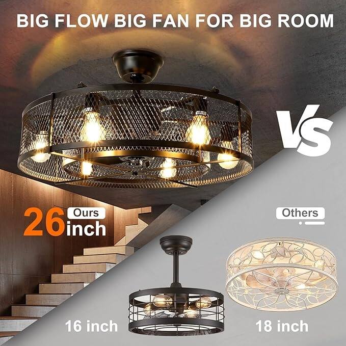 Cage Ceiling Fan with Light and Smart Control for Bedroom, Farmhouse