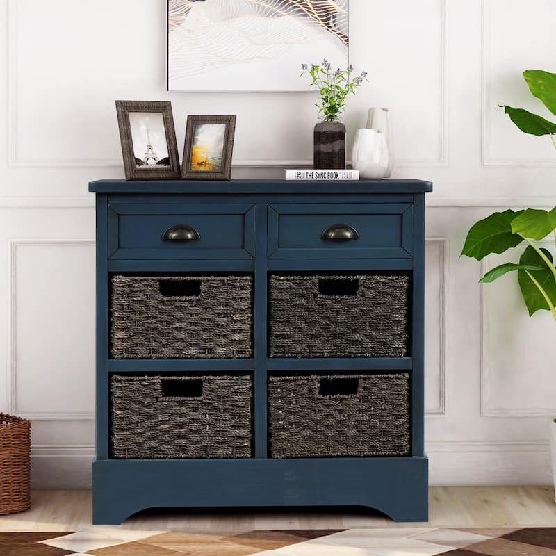 Rustic Storage Cabinet with Two Drawers and Four Classic Rattan Basket for Dining Room/Entryway/Living Room - Antique Navy
