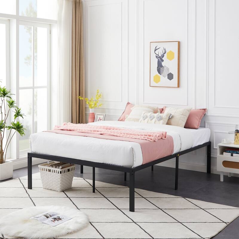 VECELO Bed Frames No Box Spring Needed, Heavy Duty Metal Platform with Steel Slat, Easy Assembly, Black