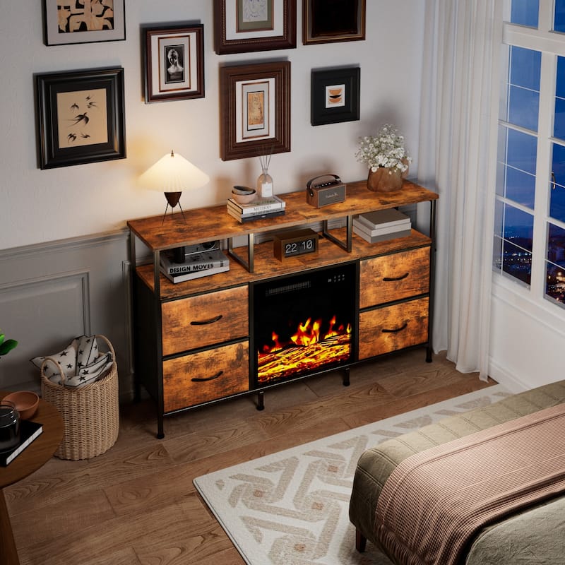 BOSSIN Fireplace TV Stand & Entertainment Center with LED Lights, 4 PU Leather Drawers, Open Shelves, and Built-in Power Outlets