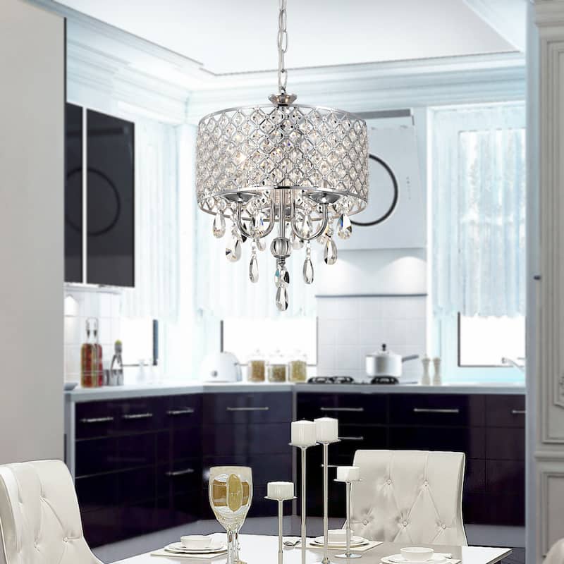 Marya 3-Light Chrome Round Beaded Drum Chandelier with Hanging Crystals, 12 in. Dia