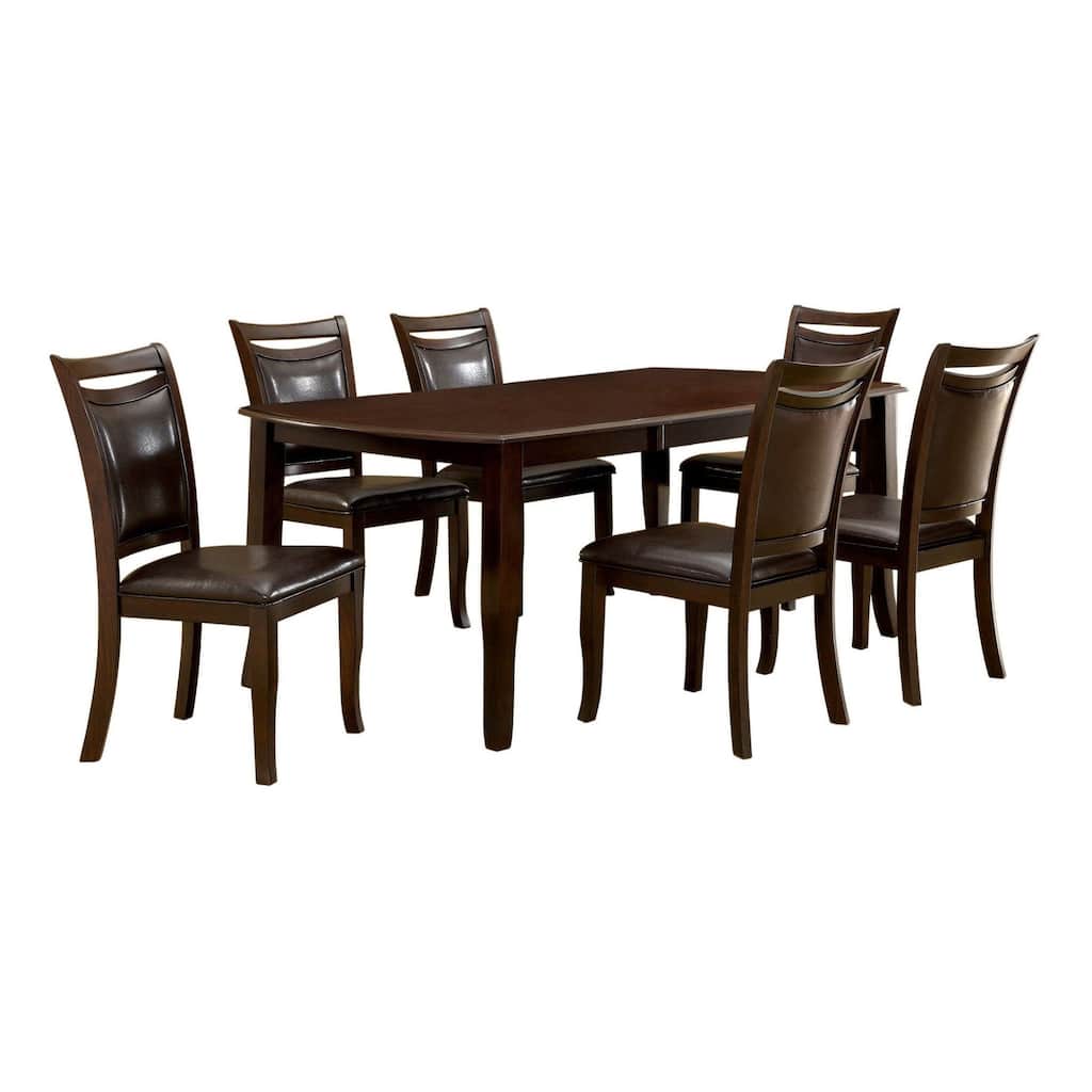 Woody 7pc Dining Table Set, 18-Inch Leaf, Espresso Faux Leather Chairs