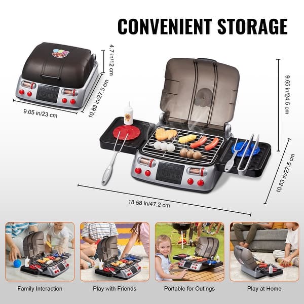 Kids BBQ Grill Toy Set with Pretend Smoke Sound Light, Interactive Toddler BBQ Camping Cooking Barbecue Playset