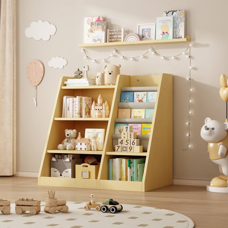 Wooden Toy Storage Organizer Cabinet Natural/ Wood Kids Bookshelf Children Bookcase Toddler Baby Sling Book Rack Shelf