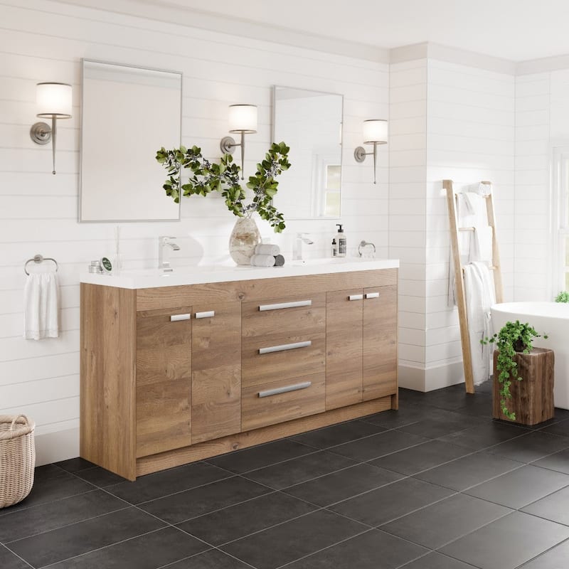 Lugano 72"W Natural Oak Freestanding Bath Vanity with Acrylic Top