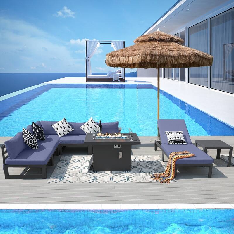 FINCATI Aluminum Outdoor Patio Furniture Conversation Sectional Sofa Set - 8 Pieces - Blue
