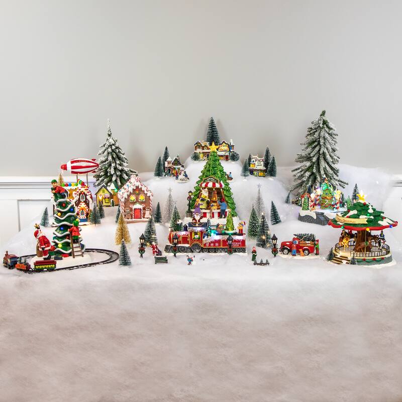 Set of 2 LED Pre-Lit Mini Bottle Brush Pine Christmas Village Trees - 7"