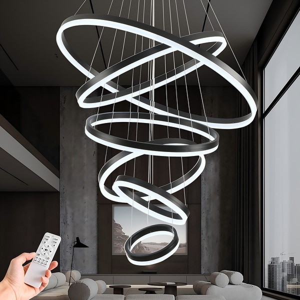 Modern LED Chandelier 6 Ring Black Dimmable High Ceiling Chandeliers 118