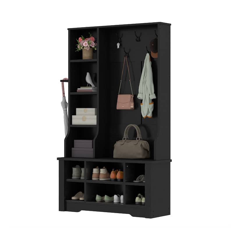Moasis 59"/39"W Farmhouse Hall Tree Adjustable Shelf Coat Rack with Shoe Storage Bench for Entryway - Black/39"W