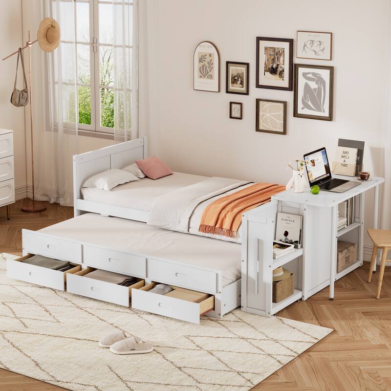 Multifunctional Platform Bed with Desk and Storage Shelf, Built-in Trundle and Drawers - White
