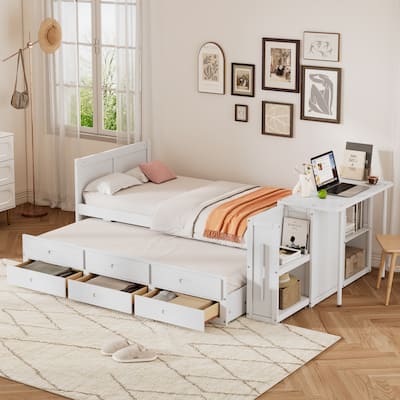 Twin Size l Wood Platform Bed with Desk and Storage Shelf at the Built-in Trundle and 3 Drawers