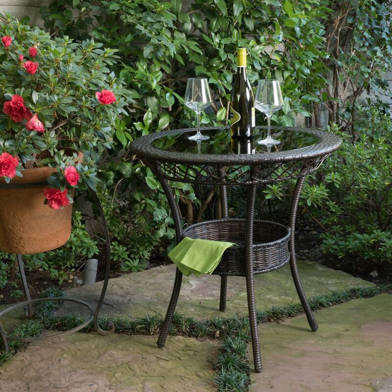 Outdoor End Table Rattan Bistro Table,tempered Glass Top Round End Table for Outside Balcony Porch Backyard Deck - Brown Multi