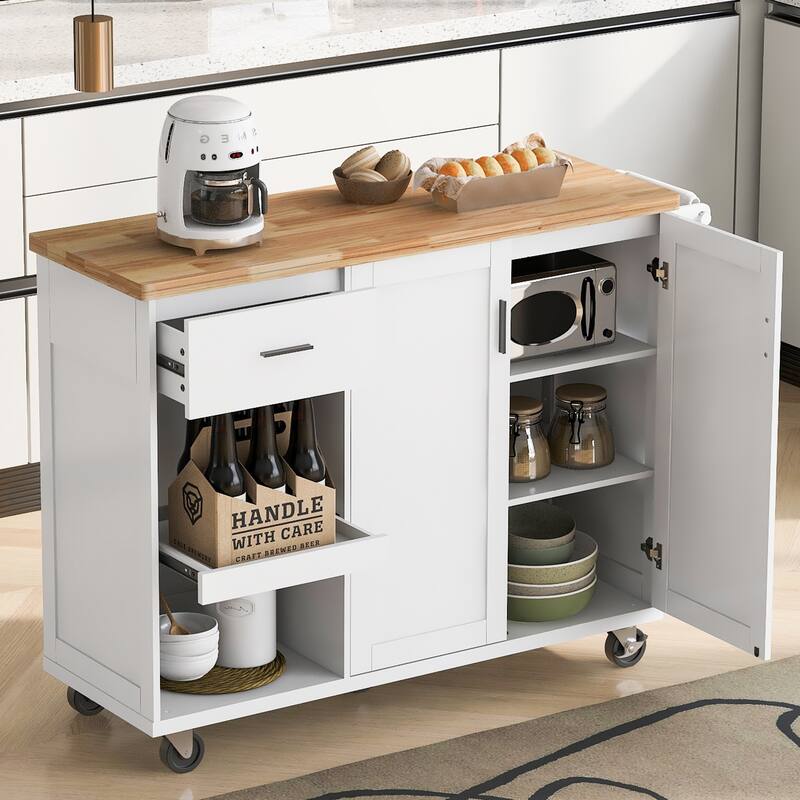 Kitchen Island With Foldable Countertop Slide-Out Shelves Towel Rack and Drawer, for Kitchen, Living Room Dining Room, White