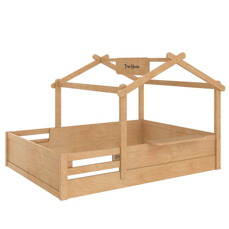 Kids House Floor Bed with Guardrails, Roof & Built-in Tray - Queen/Full/Twin Size, Childlike Design