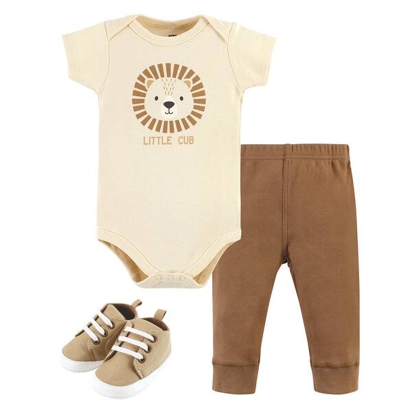 slide 1 of 1, Hudson Baby Infant Boy Cotton Bodysuit, Pant and Shoe Set, Brave Lion 0-3 Months - Brave Lion Short Sleeve