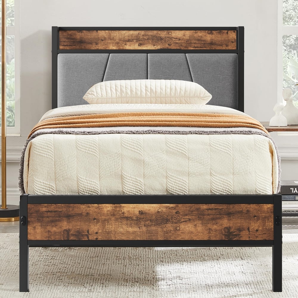 Bed Frames, Storage Headboard with Outlets, No Box Springs Needed