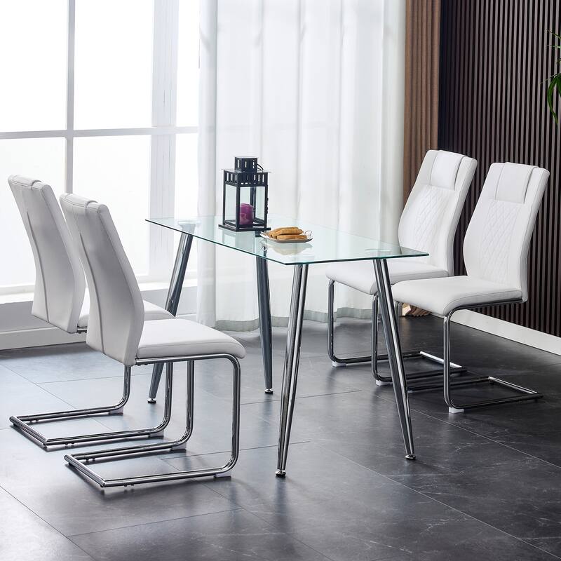 Modern Dining Chairs with Faux Leather Upholstered Seat and Metal Legs, for Kitchen, Living Room, Set of 8, Grey+PU