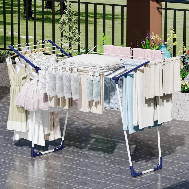 Clothes Drying Rack, Foldable Laundry Rack with Sock Clips - 34.64"D x 65.74"W x 42.12"H