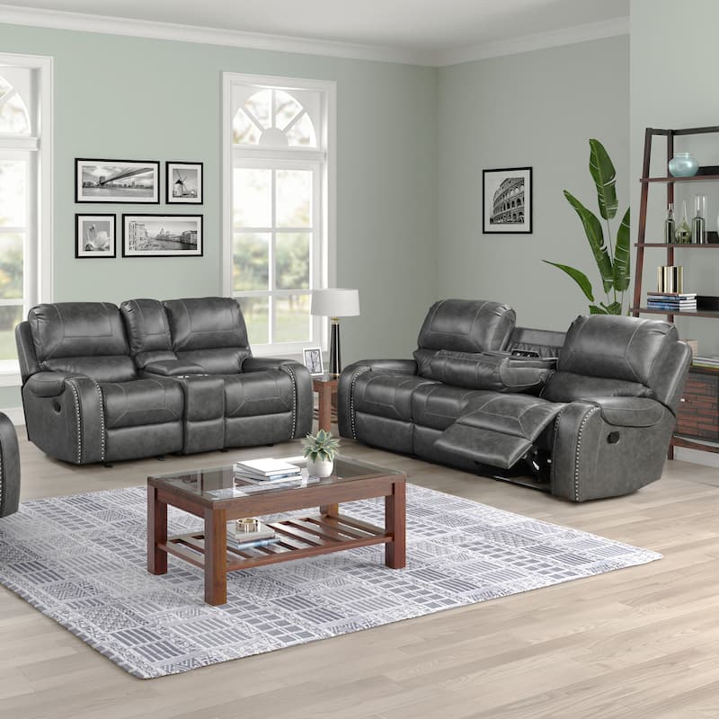 Roundhill Furniture Achern Leather-Air Nailhead Trim Manual Reclining Sofa and Loveseat