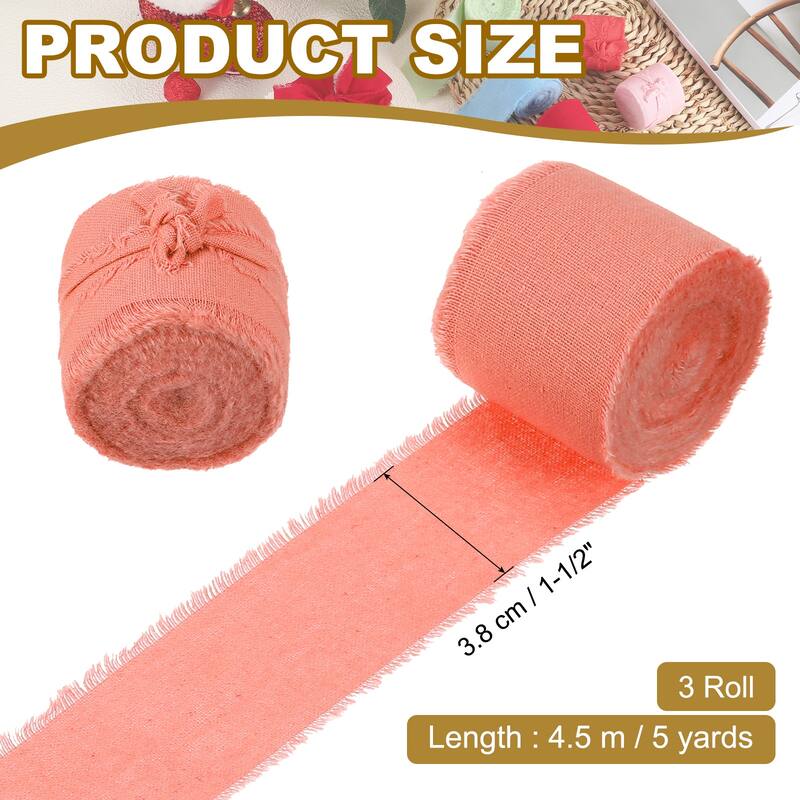 1-1/2"x15 Yd Handmade Fringe Cotton Ribbon Frayed Ribbons 3 Roll - 5Yd - Orange