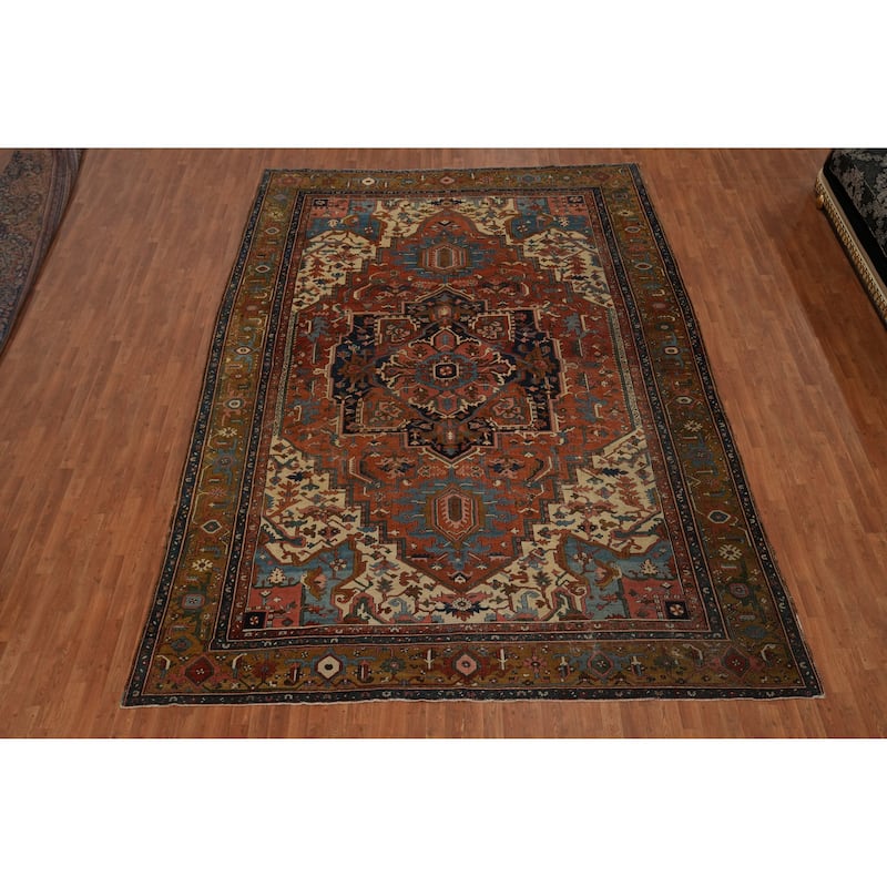 Hand Knotted Oriental 100% Wool Carpet Traditional Medallion Oranges & Rust Heriz (serapi) Area Rug - 13' 8'' X 10' 0''
