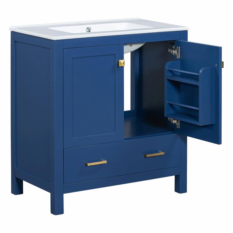 36"/30" Bathroom Vanity with Ceramic Sink, Soft-Close Doors, Double Storage Shelves & Divided Drawer