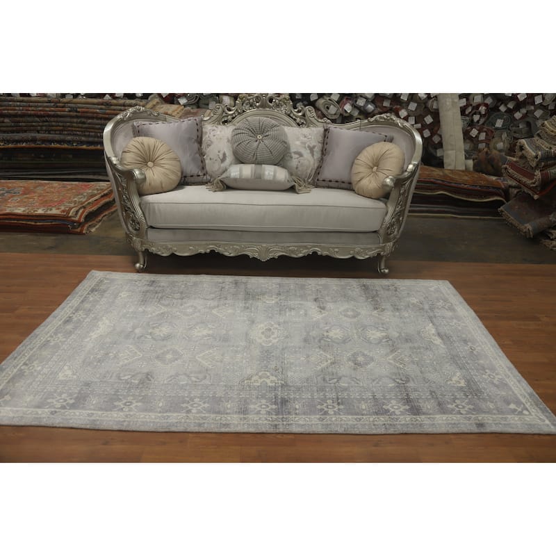 Hand-knotted Transitional Silk Carpet Grey Oushak Rug Geometric Oriental Area Rug - 7' 10'' X 4' 10''