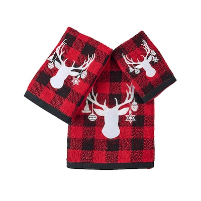 Xmas Premium Luxury Decor Soft 100% Cotton Embroidered Bathroom Modern 3 Piece Christmas Towel Set, Red Black Plaid Xmas Deer
