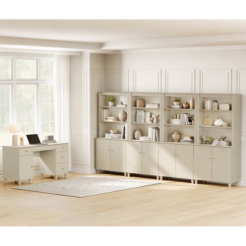 WAMPAT Home Office Furniture Set, 58" Executive Desk with Cabinet, 4-Column 71" Tall Bookcase with Doors and Adjustable Shelves - Beige Linen Printed