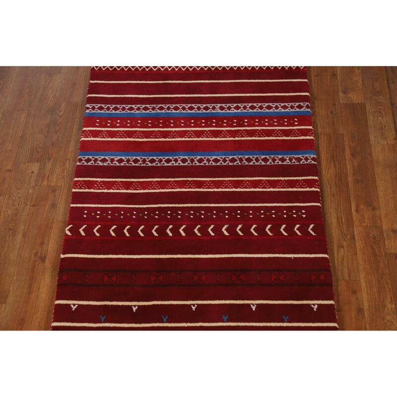 Striped Red Gabbeh Indian Runner Rug Hand-Knotted Wool Carpet - 2'7" x 7'8"