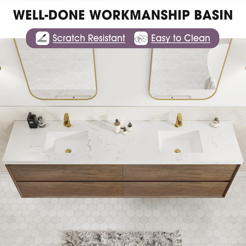 Sylphar 84 inch Bathroom Vanity with Sink, Floating Oak Cabinet with Stone Top