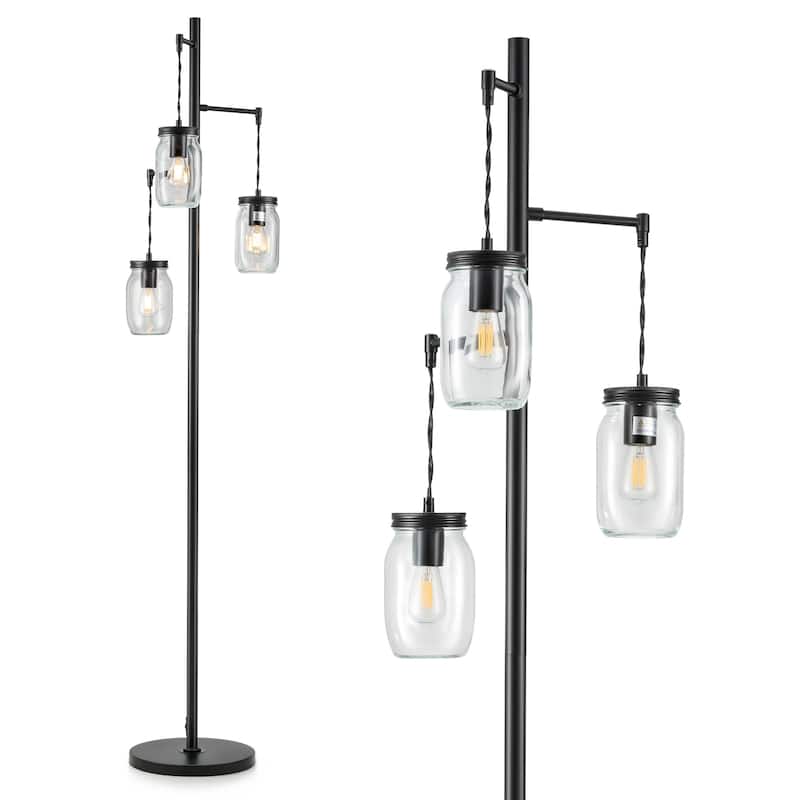 CO-Z 64-Inch Farmhouse Tree Floor Lamp with 3 Mason Jar Glass Shades - Black