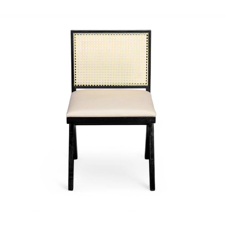 Dining Chairs Set of 2, Ergonomic Upholstered Kitchen Side Chairs, Accent Chairs with Rattan Backrest & Solid Wood Legs