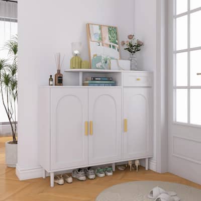 Shoe Cabinet with Arched Doors and Drawer, Storage Sideboard with Adjustable Shelves and Solid Wood Legs