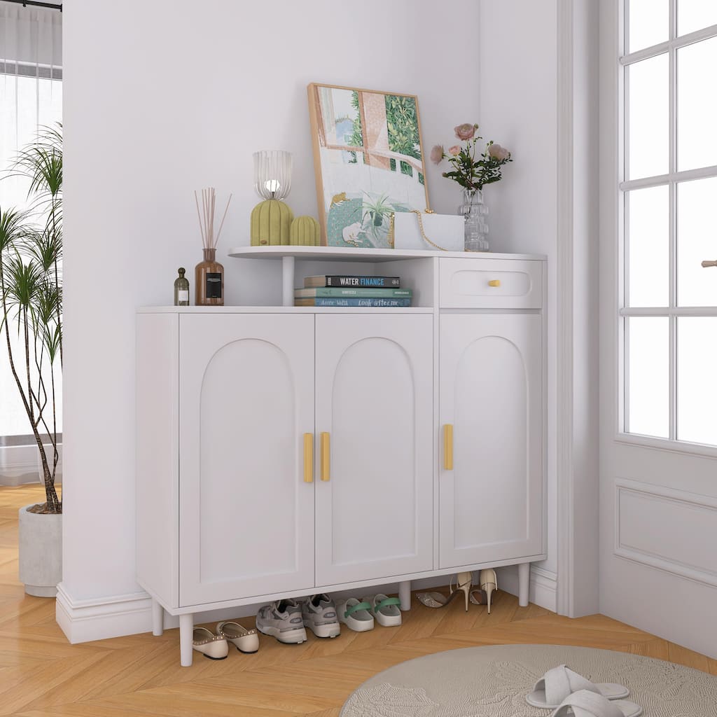 Shoe Cabinet with Arched Doors and Drawer, Storage Sideboard with Adjustable Shelves and Solid Wood Legs