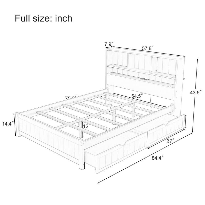 Wood Platform Bed Frame with Built-In Night Light/Charging Station/Open Bookcase Headboard/and 2 Side Drawers/Wood Slats Support