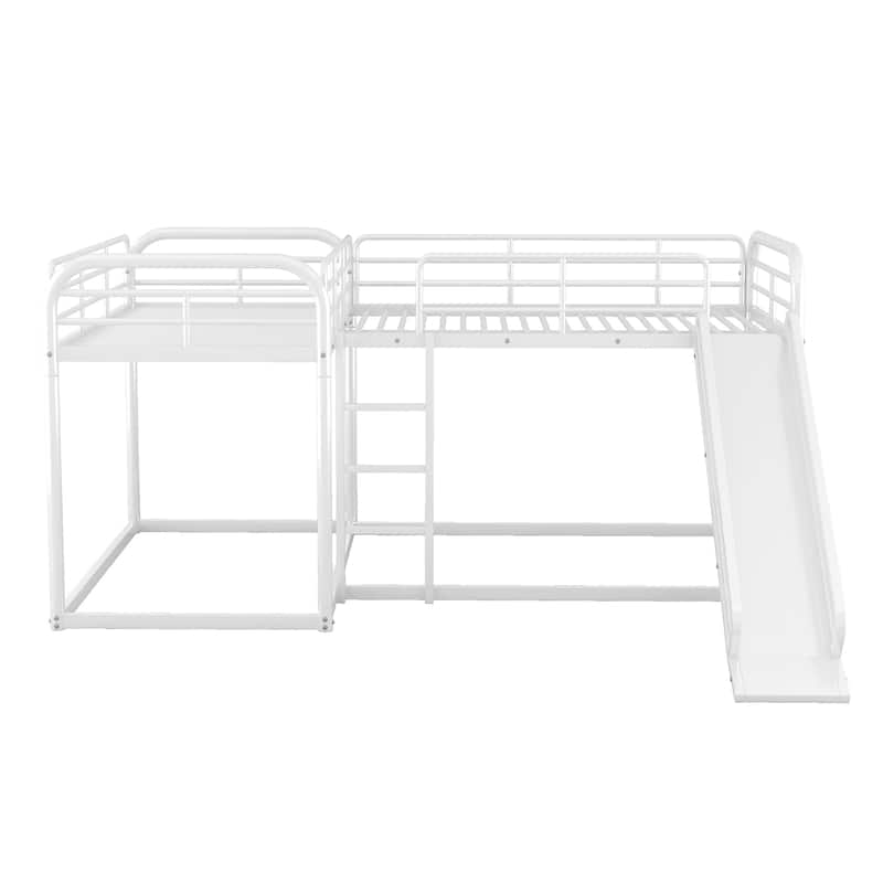 Full and Twin Size L-Shaped Bunk Bed with Slide and Short Ladder, Metal Support Bed Frame, No Box Spring Needed