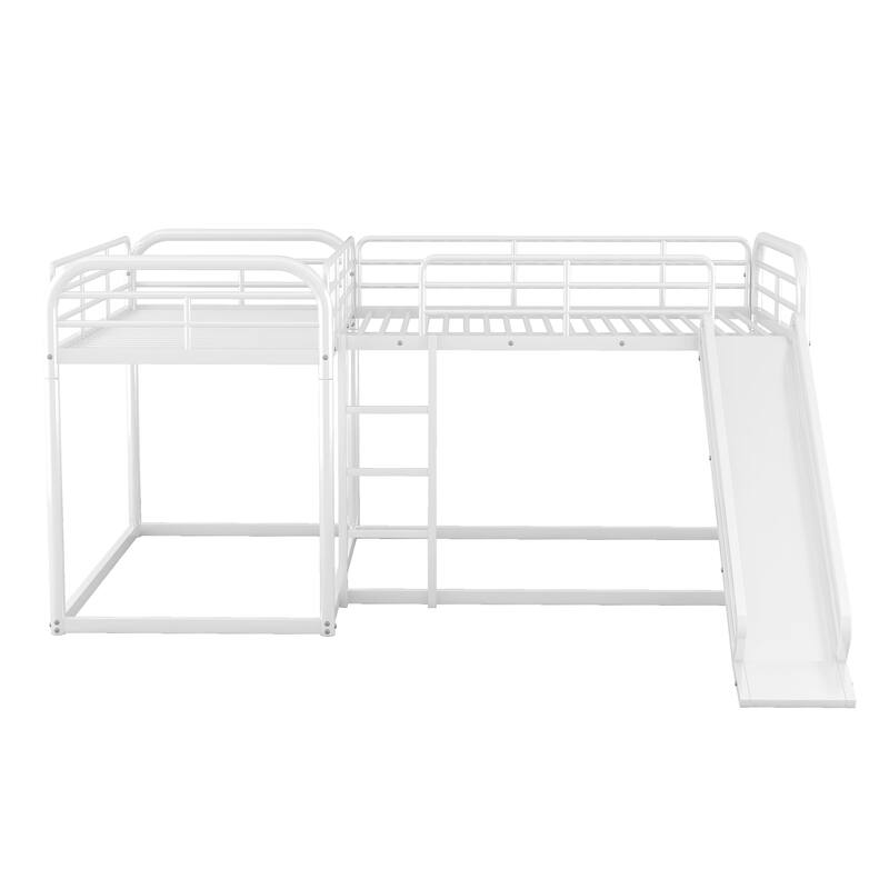 L-Shaped Full and Twin Bunk Bed with Slide and Ladder, Space-Saving Metal Frame