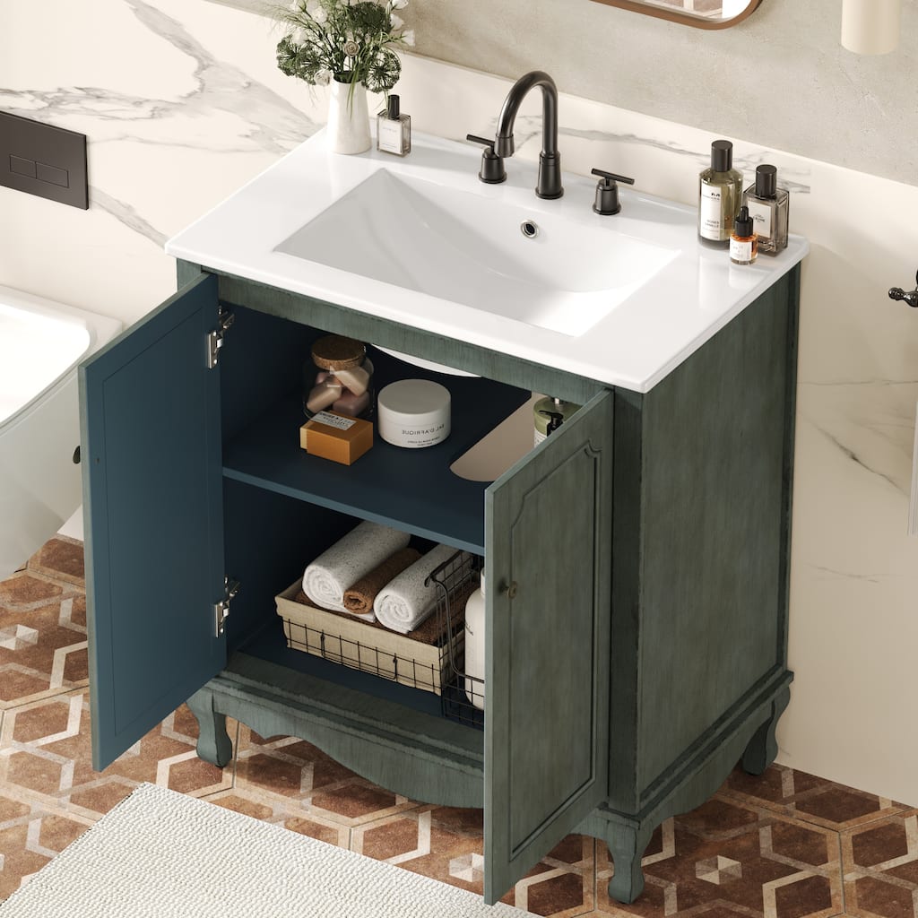 30-Inch Vintage Bathroom Vanity, Rectangle Ceramic Sink, 2 Doors, Solid Wood Legs and Adjustable Shelves
