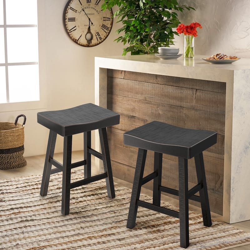 24" Farmhouse Black Solid Wood Backless Set of 2 Saddle Stool