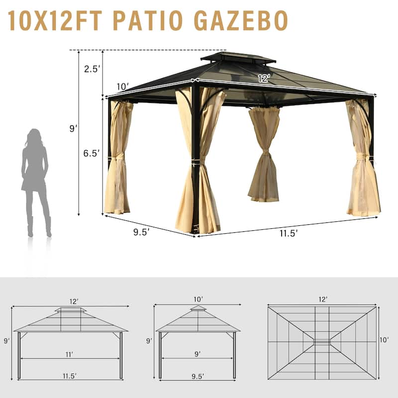 10'x12' Hardtop Outdoor Gazebo with Netting and Curtains for Patio or Backyard