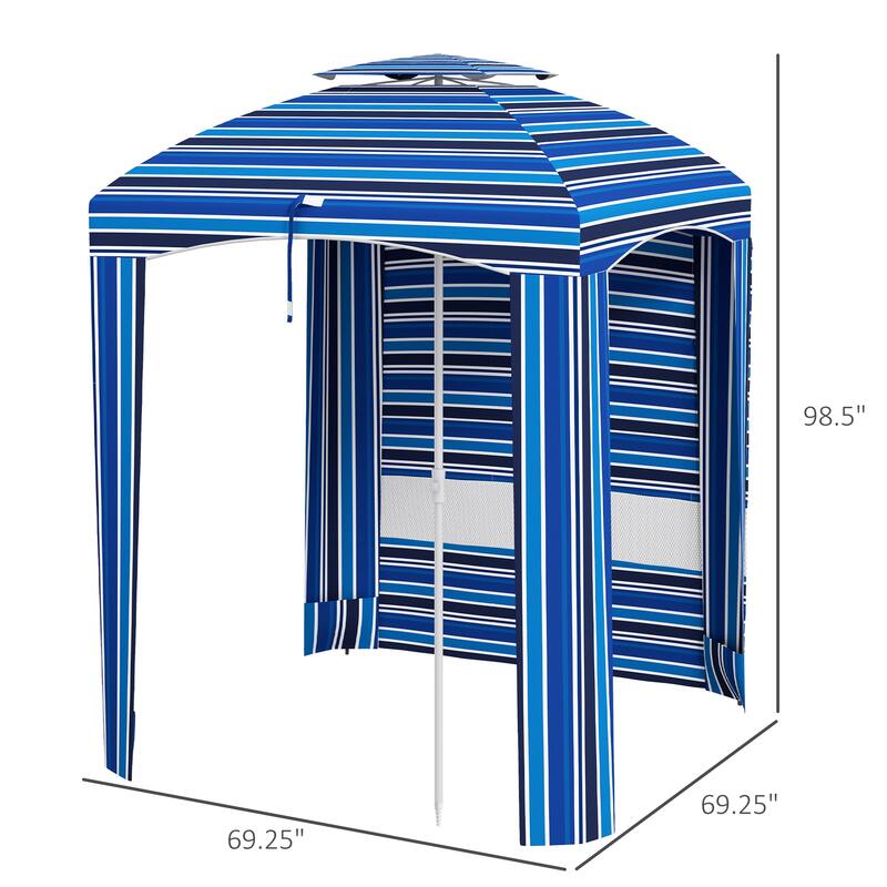 5.8' x 5.8' Portable Beach Cabana Umbrella with Double Canopy, Vents & Sandbags, Blue Stripe